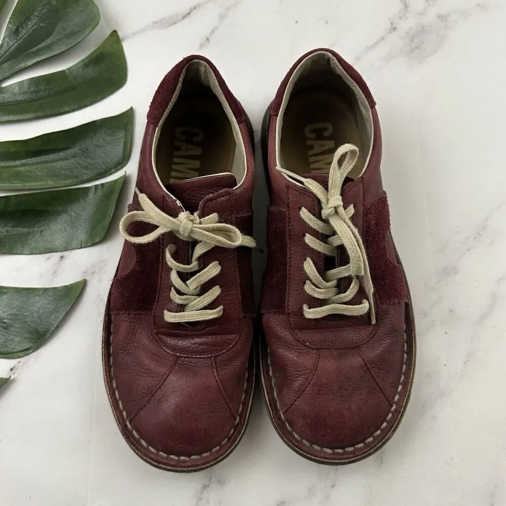 Camper Mens Leather Sneaker Shoes Size 39 Dark Red Lace Up Suede Trim
